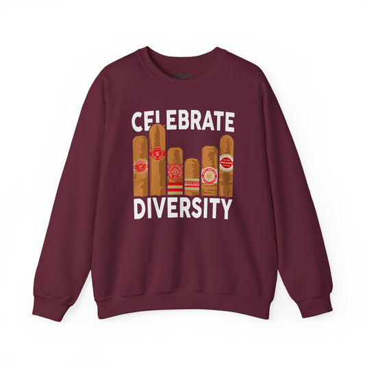 black sweatshirt with celebrate diversity cigar humour design front view