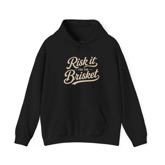 dark heather hoodie with risk it for the brisket pitmaster graphic for bbq lovers
