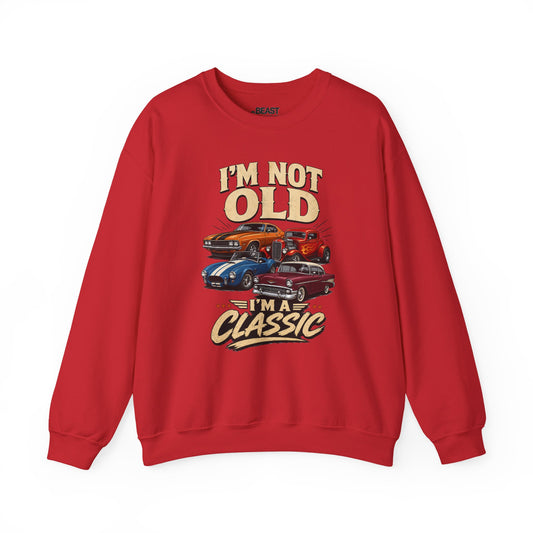 red sweatshirt with i'm not old i'm a classic vintage car quote for car lovers