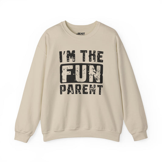 sand sweatshirt with i'm the fun parent graphic design for mums and dads