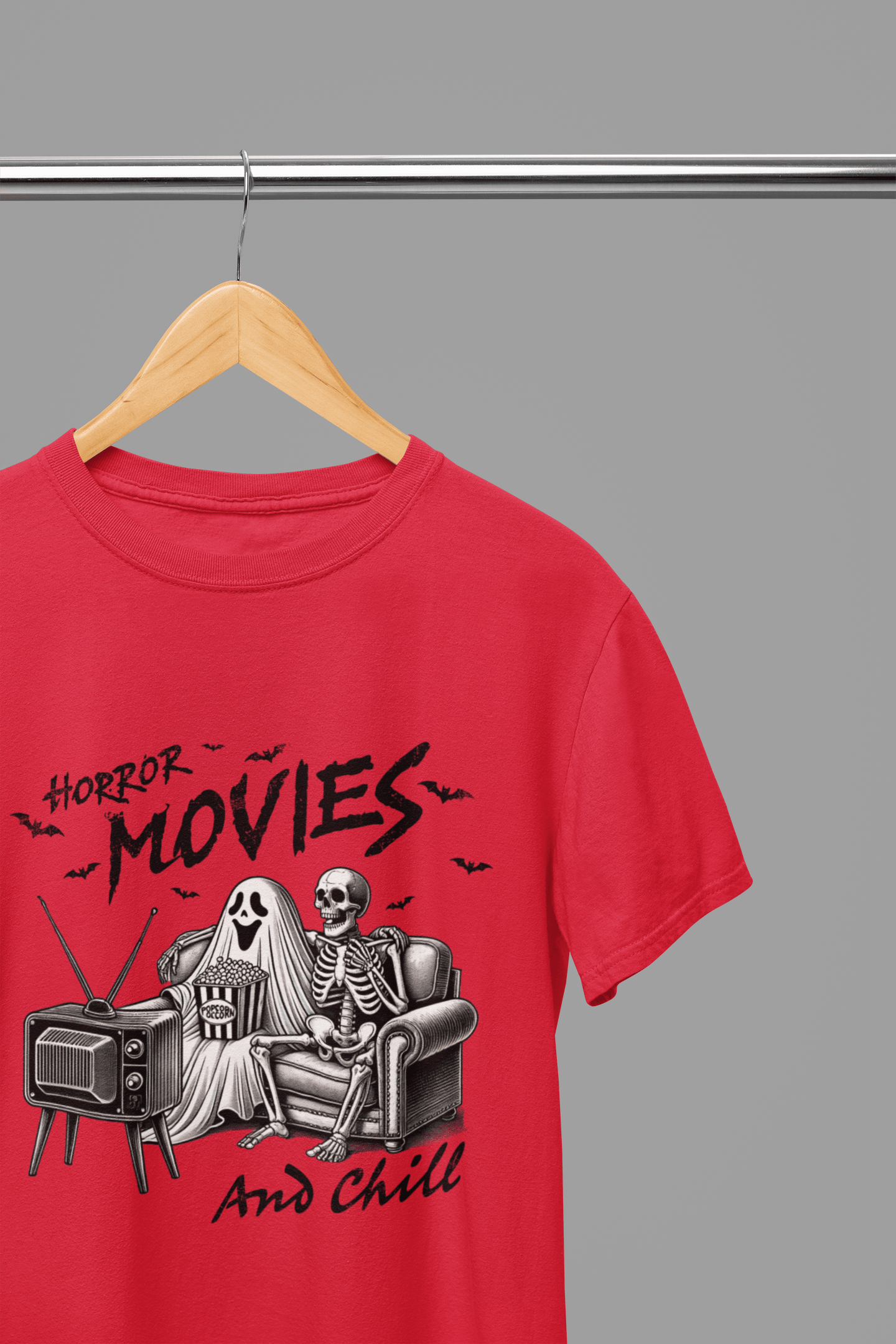 Horror Movies and Chill Sweatshirt & T-Shirt – Funny Halloween Top Red / Small / T-Shirt gift_idea unique_gift personalised_gift