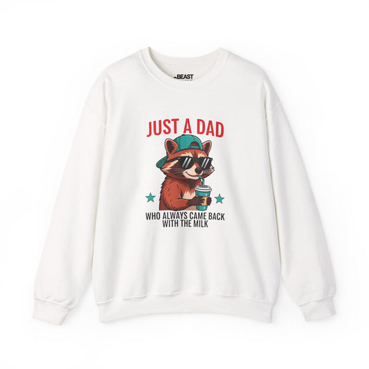 just a dad who came back with the milk sweatshirt cool raccoon dad gift sizes s-5xl white sweatshirt uk Christmas gift idea