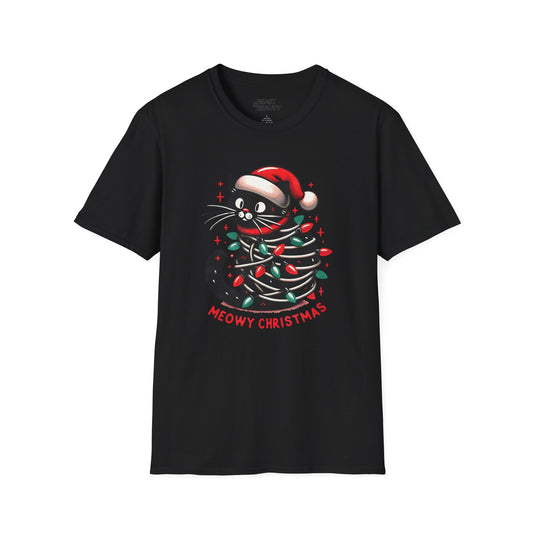 meowy christmas cat t-shirt black t-shirt uk Christmas gift idea