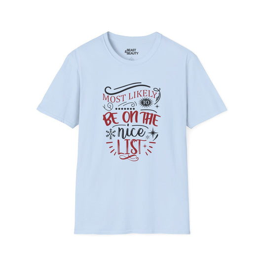 most likely to be on the nice list christmas t-shirt light blue t-shirt uk Christmas gift idea