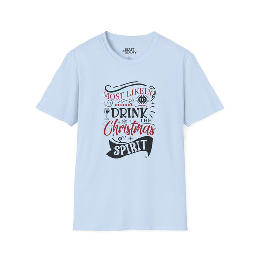 most likely to drink the christmas spirit t-shirt light blue t-shirt uk Christmas gift idea