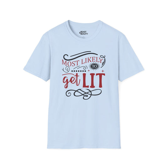 most likely to get lit christmas t-shirt light blue t-shirt uk Christmas gift idea