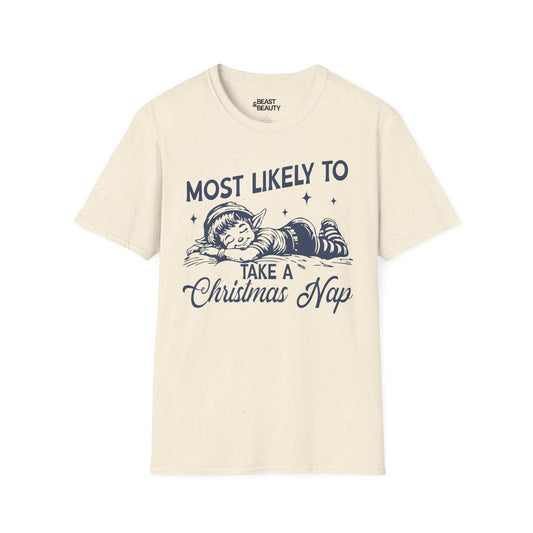 most likely to take a christmas nap t-shirt natural t-shirt uk Christmas gift idea