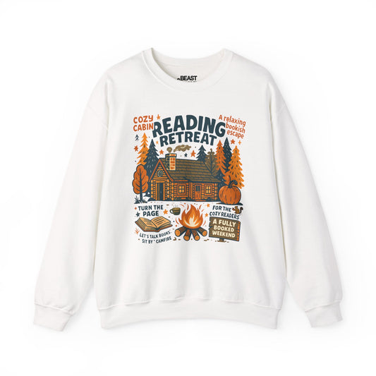 reading retreat cozy cabin sweatshirt white sweatshirt uk book lover gift idea