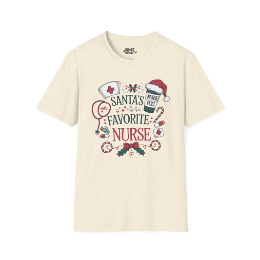 santa s favorite nurse christmas t-shirt natural t-shirt uk Christmas gift idea