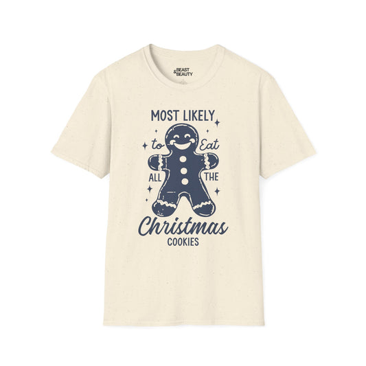 title most likely to eat all the christmas cookies t-shirt natural t-shirt uk Christmas gift idea