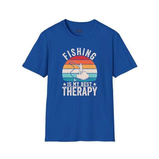 black t-shirt with fishing is my best therapy funny slogan design for anglers