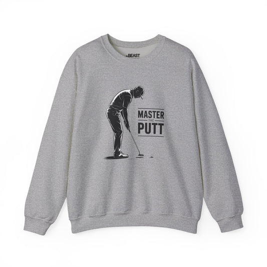 light pink sweatshirt with master the putt funny golf design for golfers