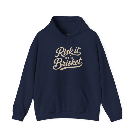 black hoodie with risk it for the brisket funny bbq slogan print