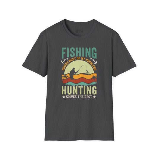 black t-shirt with fishing solves most of my problems hunting solves the rest slogan for outdoors gift