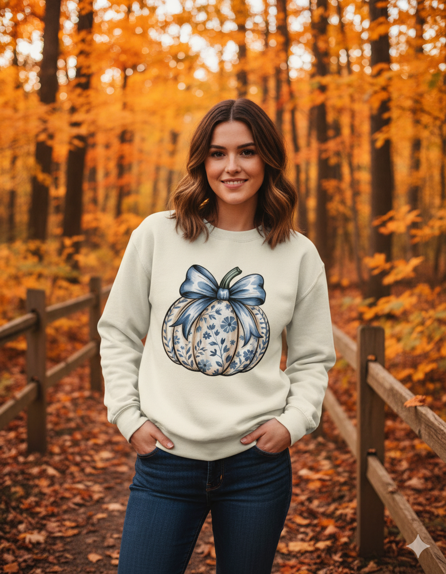 Blue Floral Pumpkin Sweatshirt | Elegant Autumn Coquette Jumper