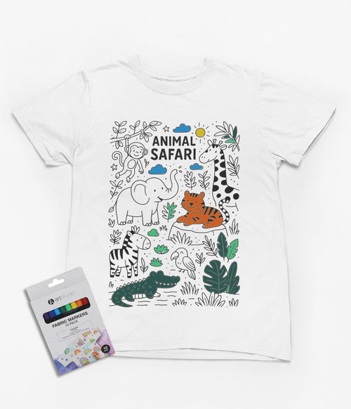 Animal Safari Colour-In T-Shirt – Jungle Adventure Tee with Fabric Markers gift_idea unique_gift personalised_gift