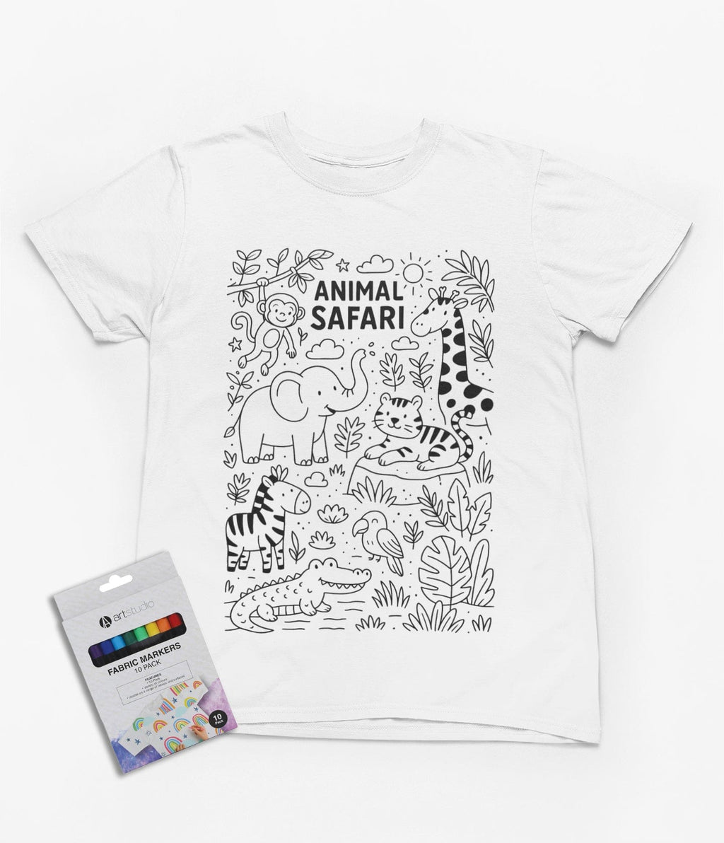 Animal Safari Colour-In T-Shirt – Jungle Adventure Tee with Fabric Markers 3-4 years gift_idea unique_gift personalised_gift