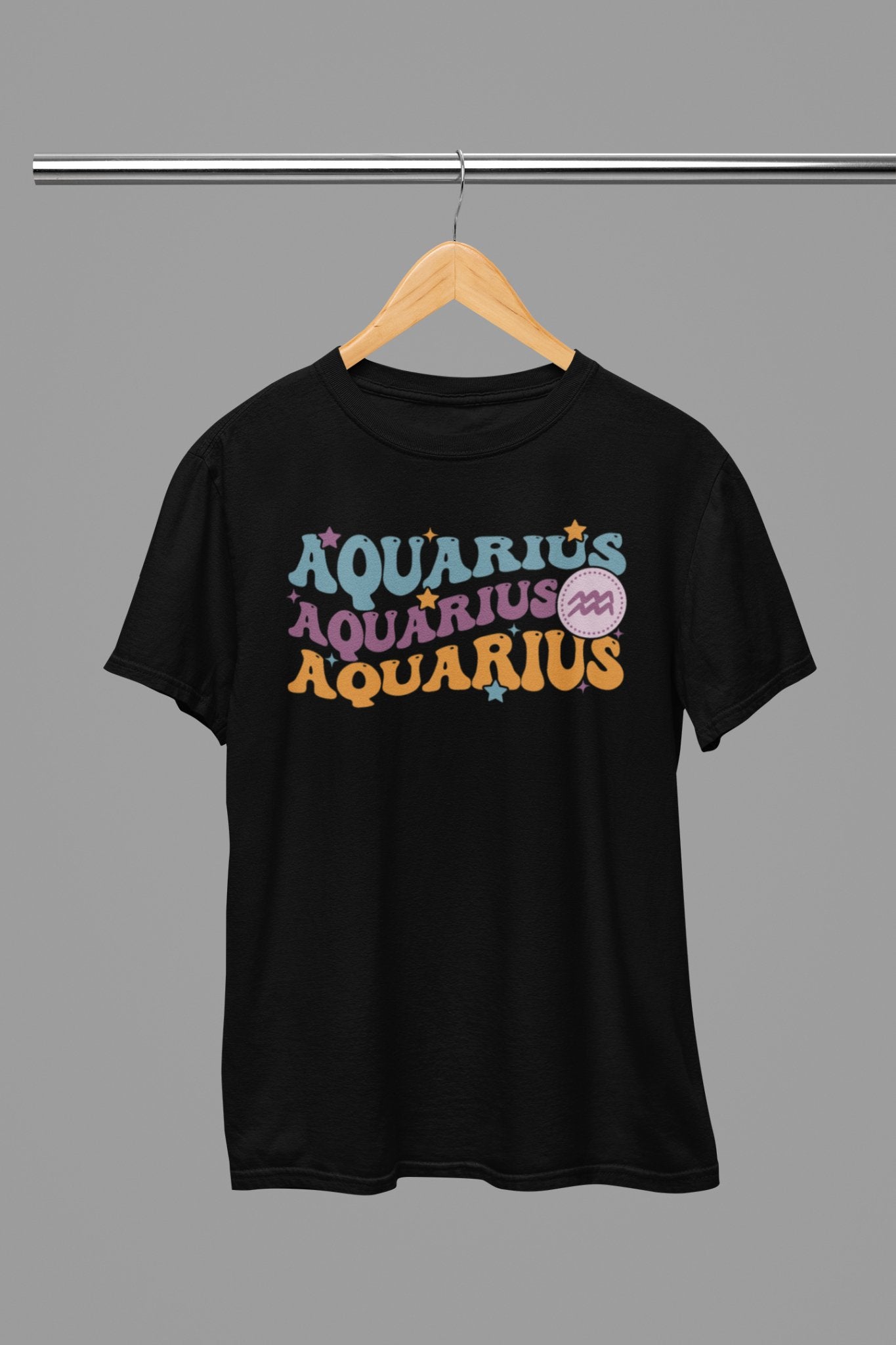 Aquarius Zodiac Fun Colour Font T-Shirt - Beast & Beauty Clothing LTD - Zodiac T-Shirt - small - Black - 