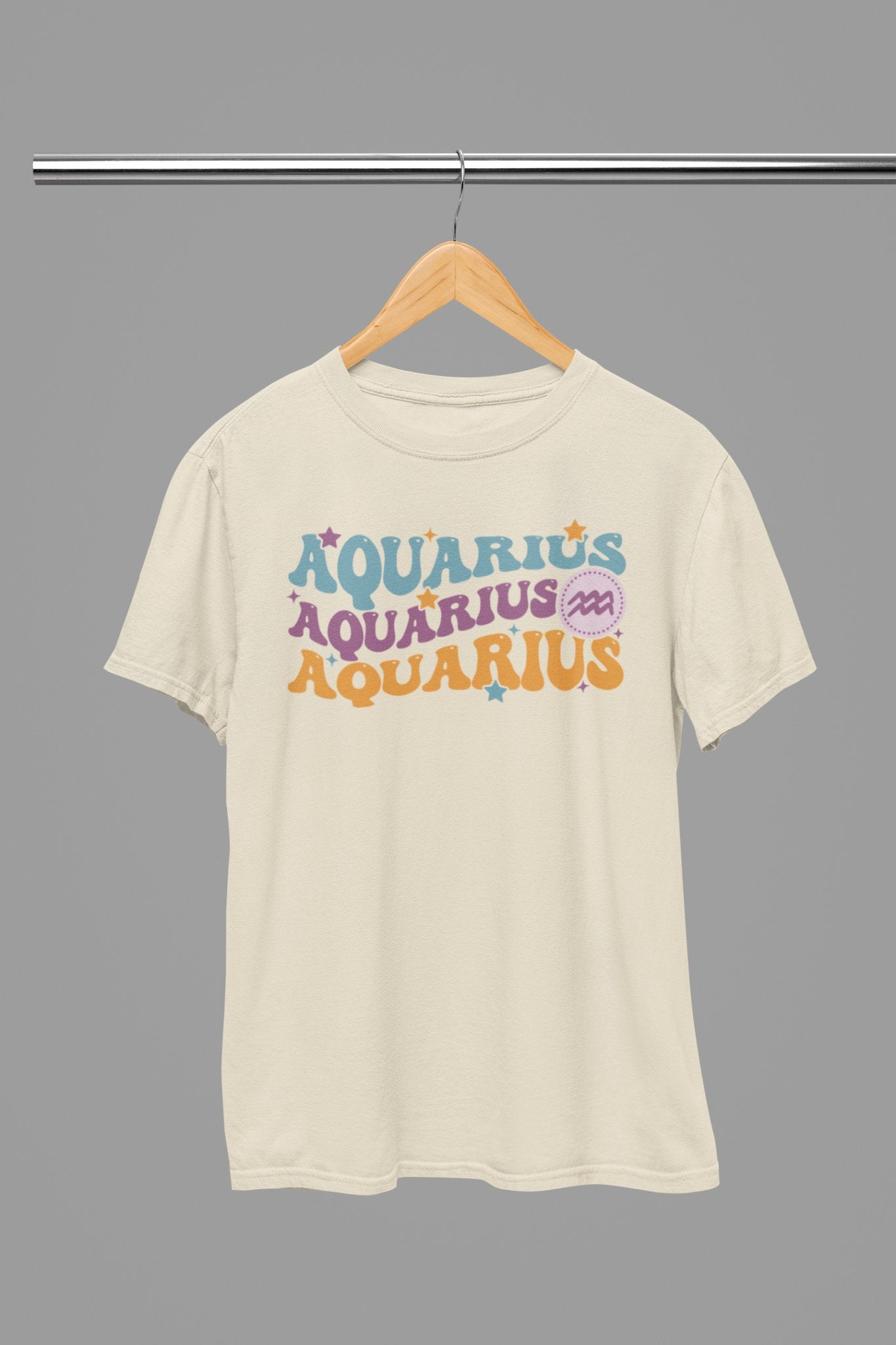 Aquarius Zodiac Fun Colour Font T-Shirt - Beast & Beauty Clothing LTD - Zodiac T-Shirt - small - Sand - 