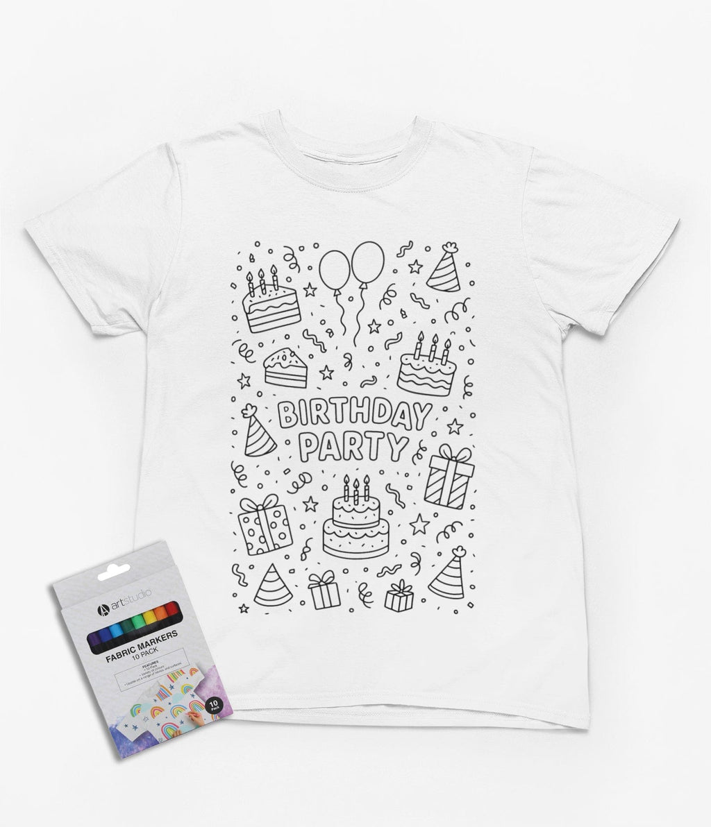 Birthday Party Colour-In Kids T-Shirt – Fun DIY Gift with Fabric Markers 3-4 years gift_idea unique_gift personalised_gift