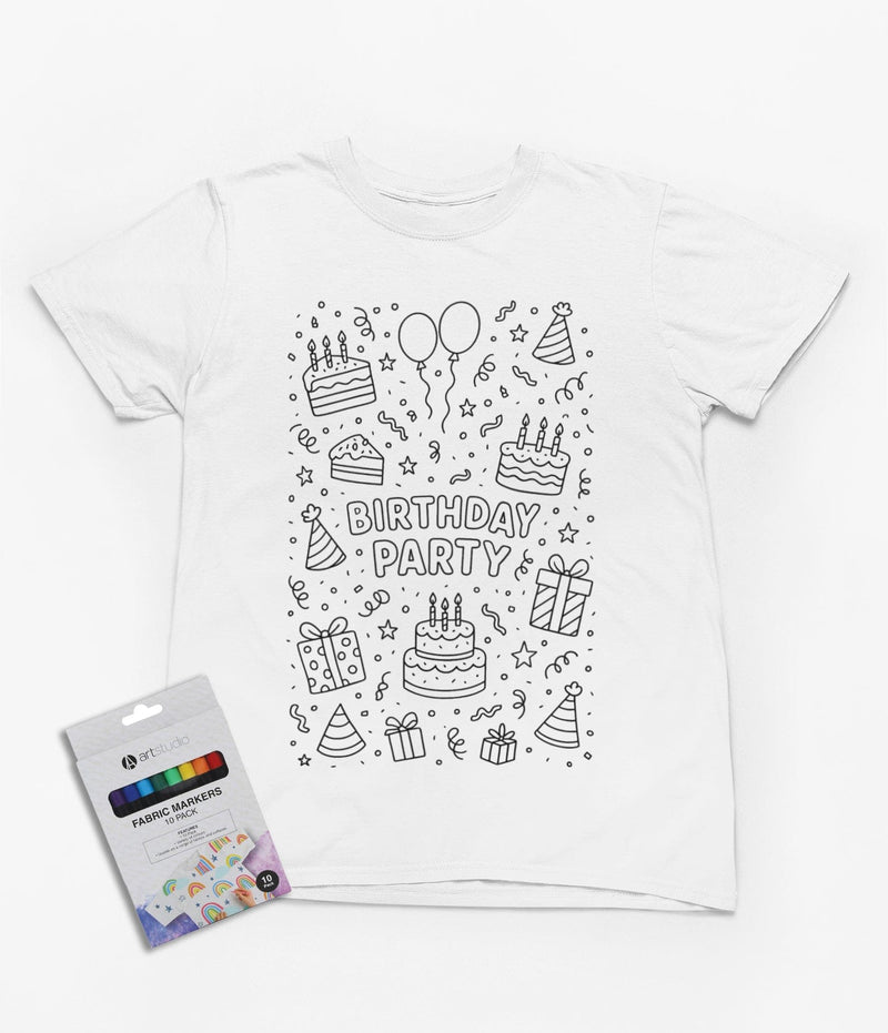 Birthday Party Colour-In Kids T-Shirt – Fun DIY Gift with Fabric Markers 3-4 years gift_idea unique_gift personalised_gift