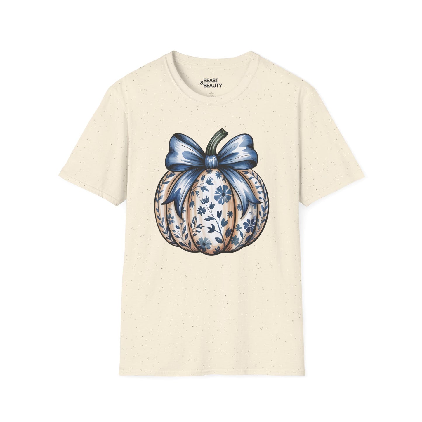 blue pumpkin bow graphic t-shirt natural t-shirt uk Halloween gift idea