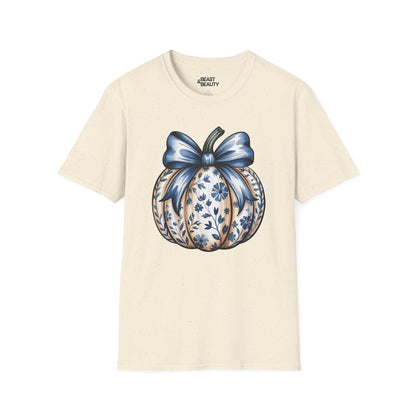 blue pumpkin bow graphic t-shirt natural t-shirt uk Halloween gift idea