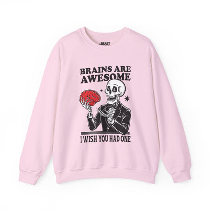 Brains Are Awesome Funny Skeleton Halloween Sweatshirt Light Pink / S gift_idea unique_gift personalised_gift