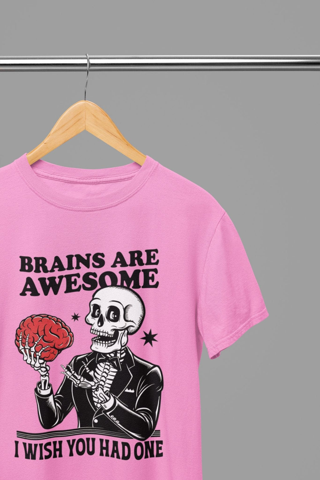 Brains Are Awesome Sweatshirt & T-Shirt – Funny Skeleton Halloween Top Pink / Small / T-Shirt gift_idea unique_gift personalised_gift