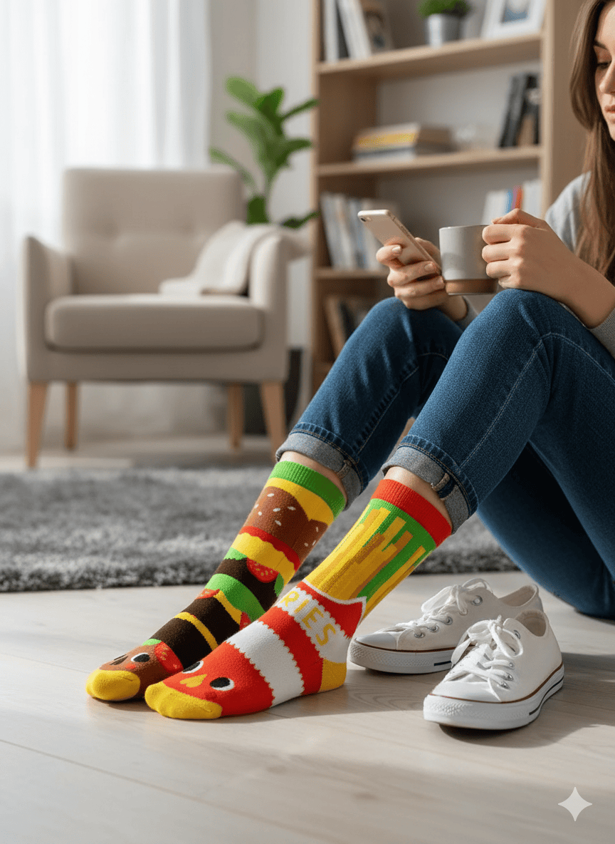 Burger & Fries Socks – Funny Mismatched Food Novelty Socks for Adults gift_idea unique_gift personalised_gift