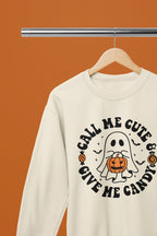 Call Me Cute & Give Me Candy Ghost Halloween Sweatshirt & T-Shirt Beige / Small / Sweatshirt gift_idea unique_gift personalised_gift