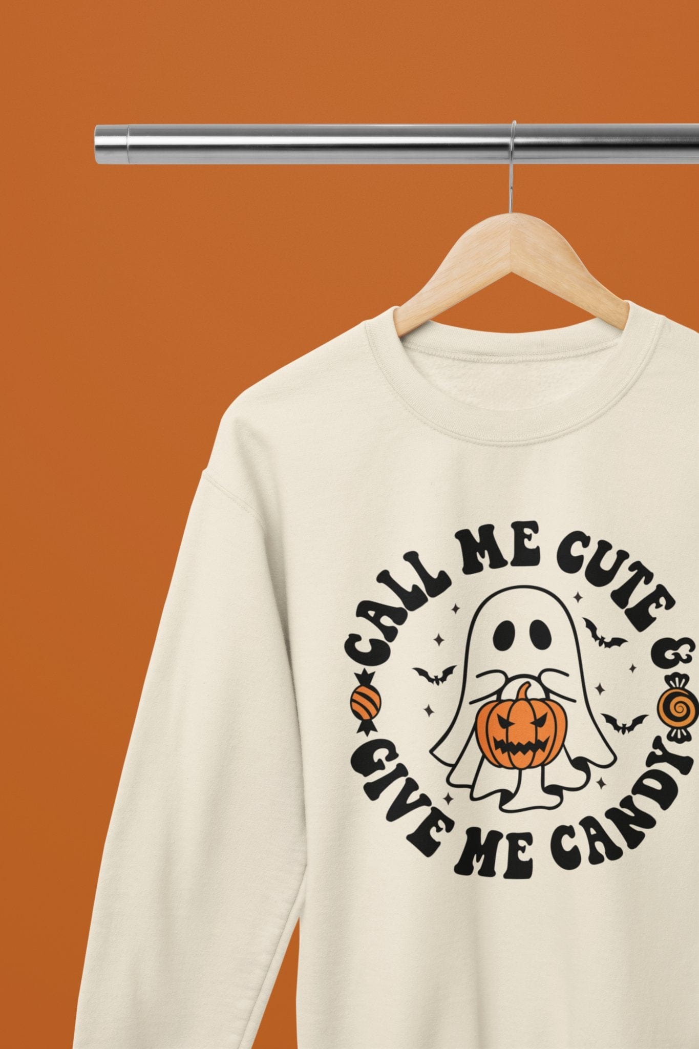 Call Me Cute & Give Me Candy Ghost Halloween Sweatshirt & T-Shirt Beige / Small / Sweatshirt gift_idea unique_gift personalised_gift