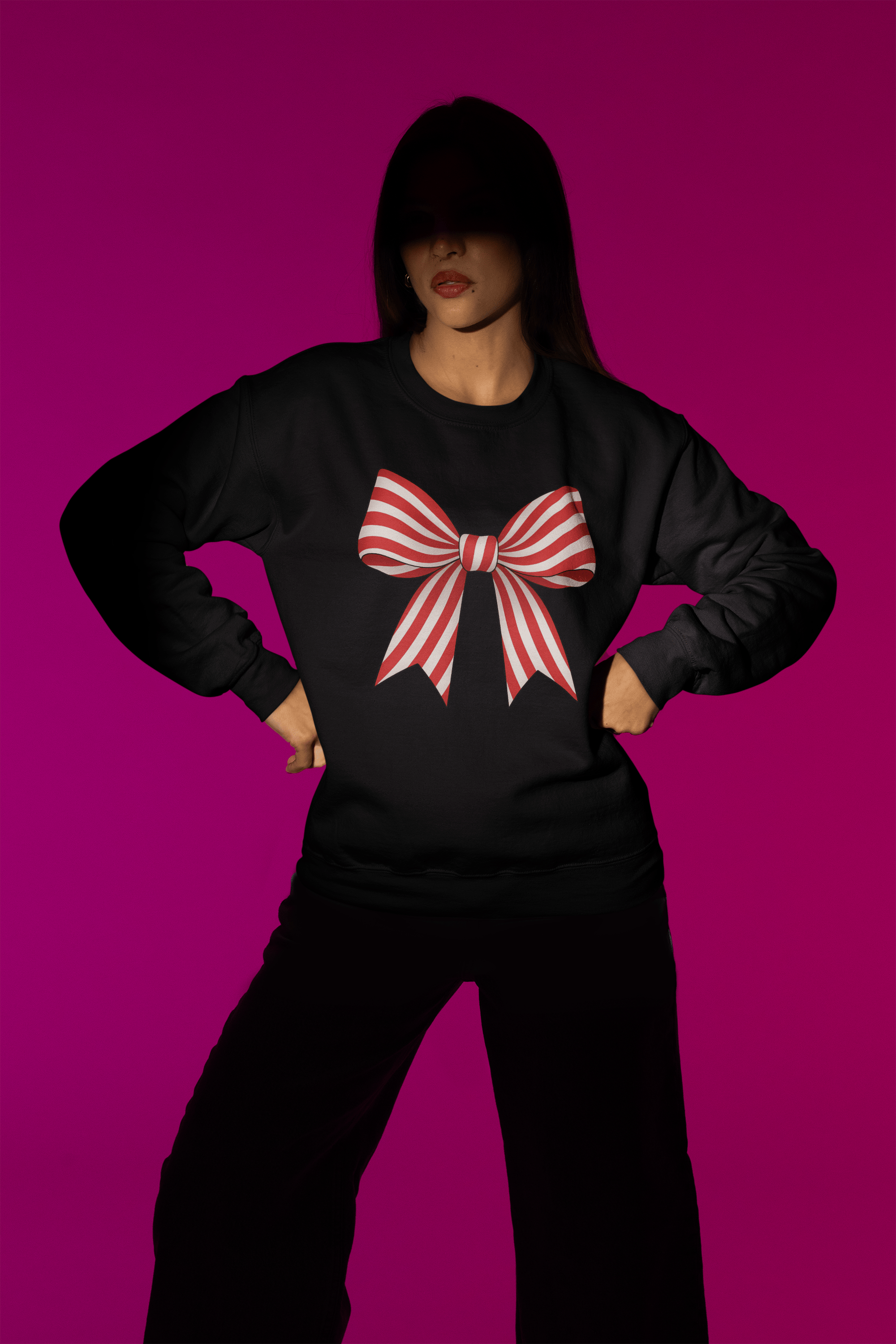 Beast and Beauty Candy Cane Stripe Coquette Bow Christmas Sweatshirt or T-Shirt – Festive Gift UK
