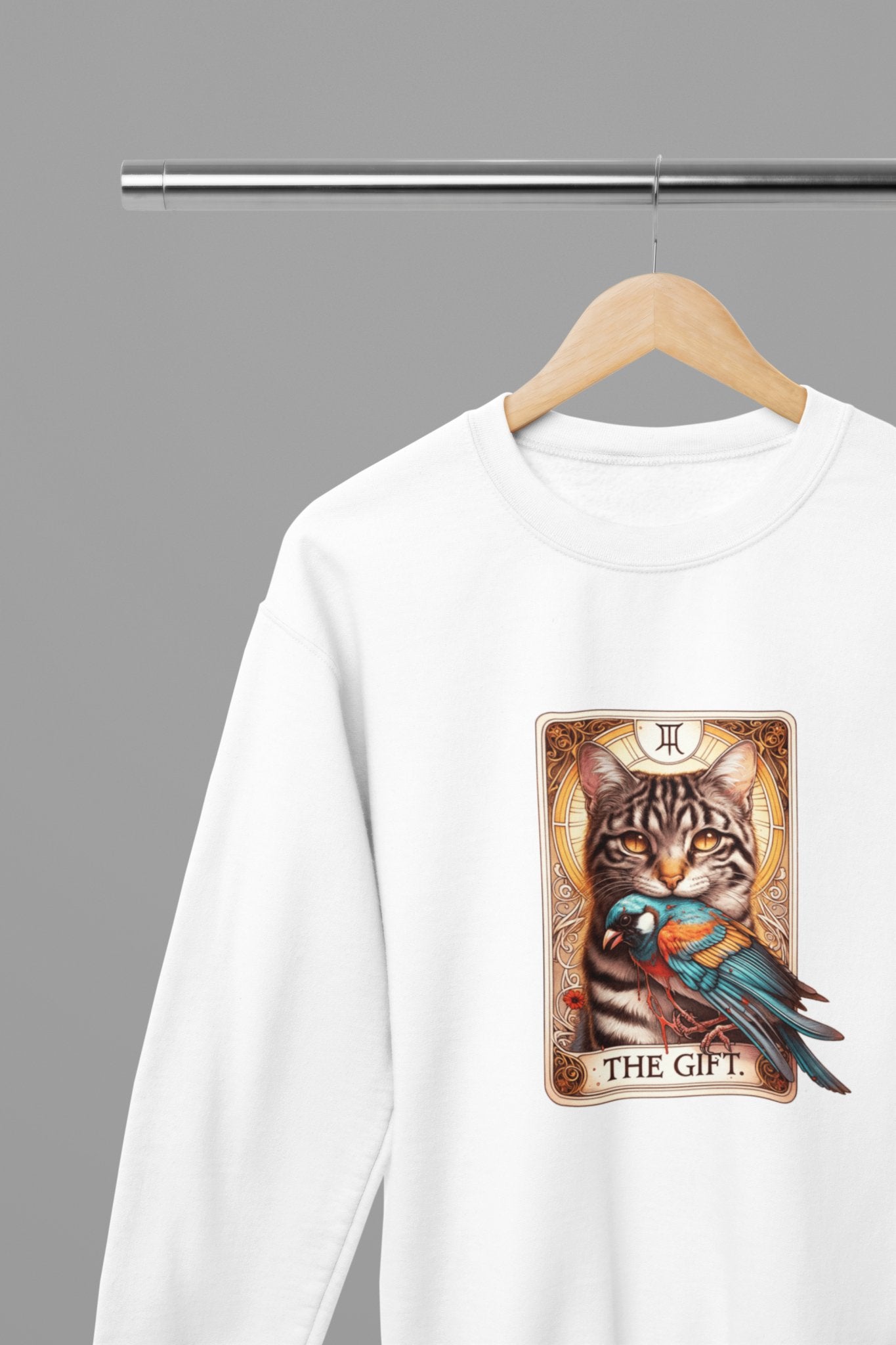 Cat and Bird The Gift Funny Tarot Sweatshirt - Beast & Beauty Clothing LTD - Tarot Sweatshirt - small - White - 