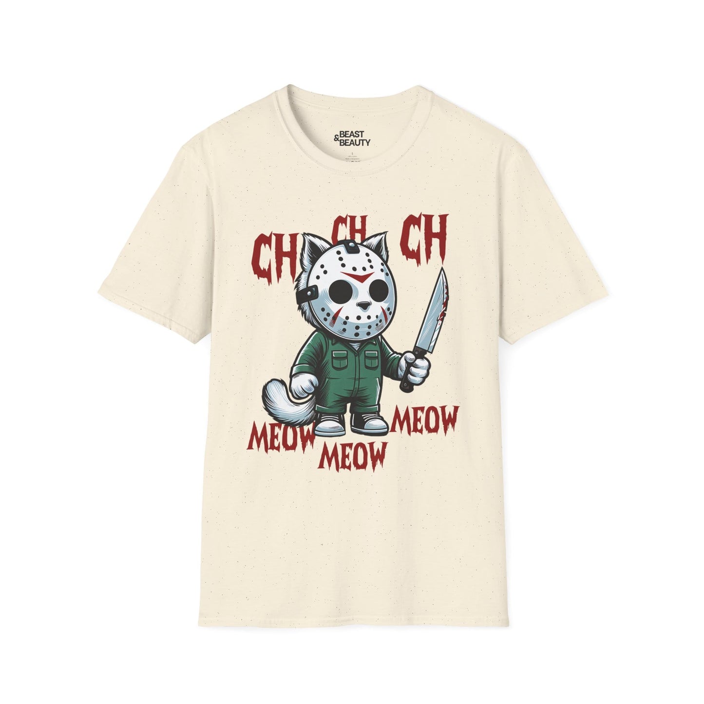 Ch Ch Ch Meow Horror Cat Halloween T-Shirt for Adults Natural / S gift_idea unique_gift personalised_gift