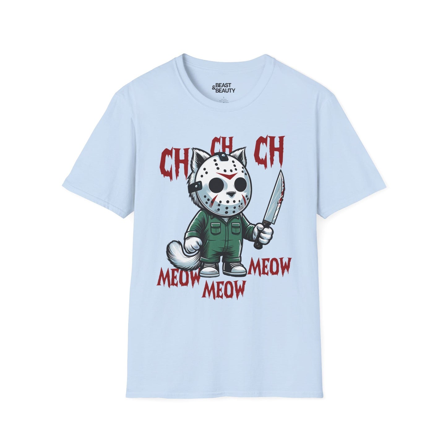 Ch Ch Ch Meow Horror Cat Halloween T-Shirt for Adults Light Blue / S gift_idea unique_gift personalised_gift