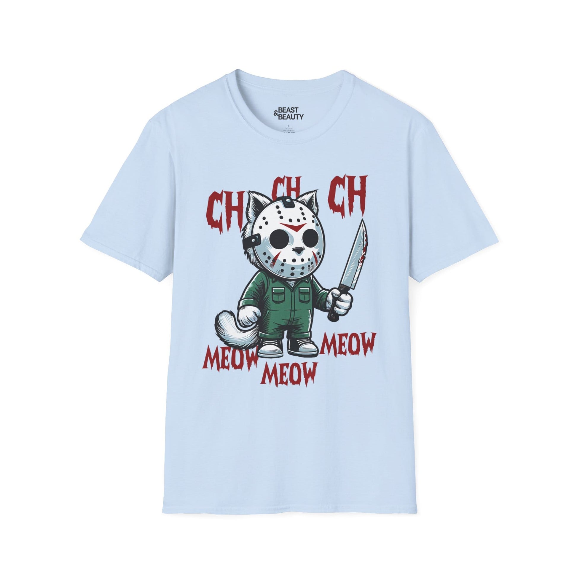 Ch Ch Ch Meow Horror Cat Halloween T-Shirt for Adults Light Blue / S gift_idea unique_gift personalised_gift