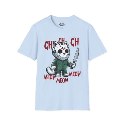 Ch Ch Ch Meow Horror Cat Halloween T-Shirt for Adults Light Blue / S gift_idea unique_gift personalised_gift