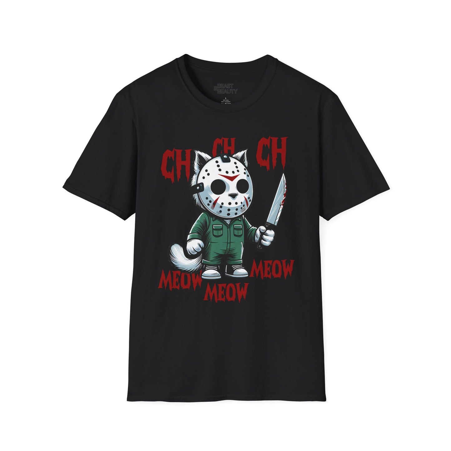 Ch Ch Ch Meow Horror Cat Halloween T-Shirt for Adults Black / S gift_idea unique_gift personalised_gift