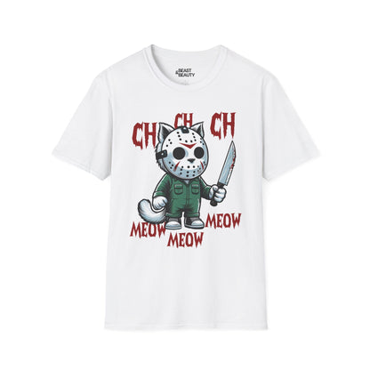 Ch Ch Ch Meow Horror Cat Halloween T-Shirt for Adults White / S gift_idea unique_gift personalised_gift