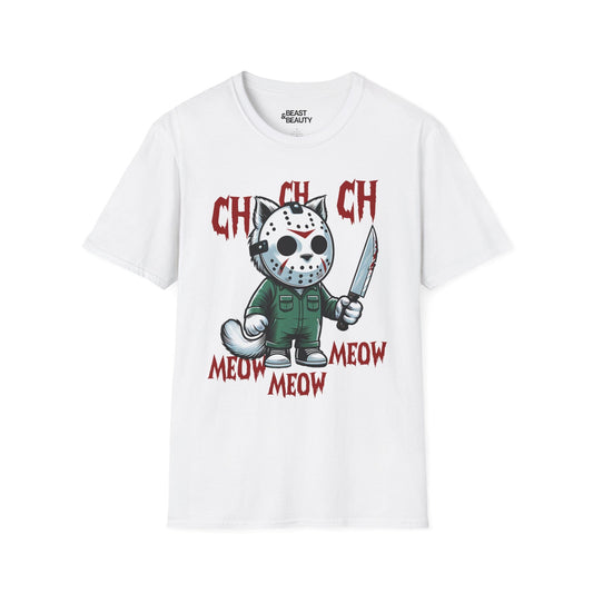 Ch Ch Ch Meow Horror Cat Halloween T-Shirt for Adults White / S gift_idea unique_gift personalised_gift