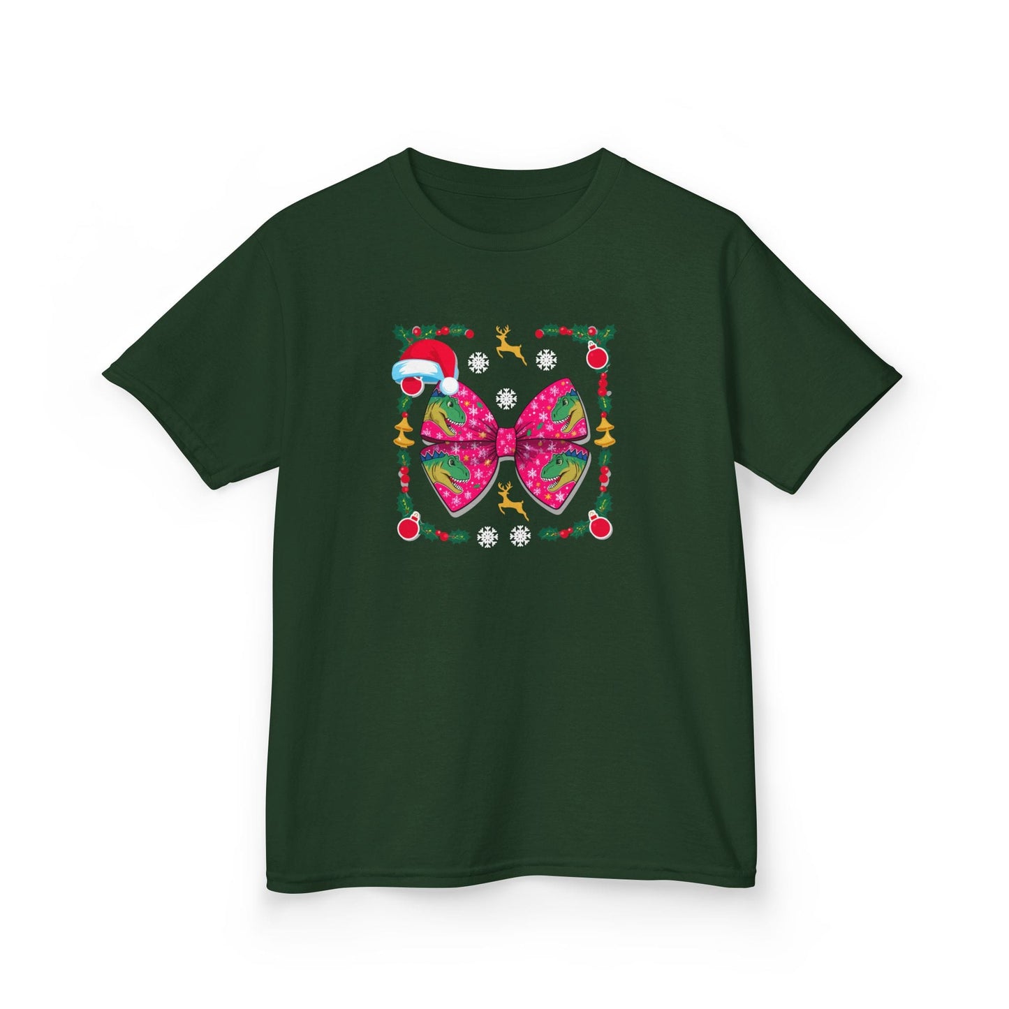 Christmas Dino Bow Kids T-Shirt Forest Green / XS gift_idea unique_gift personalised_gift