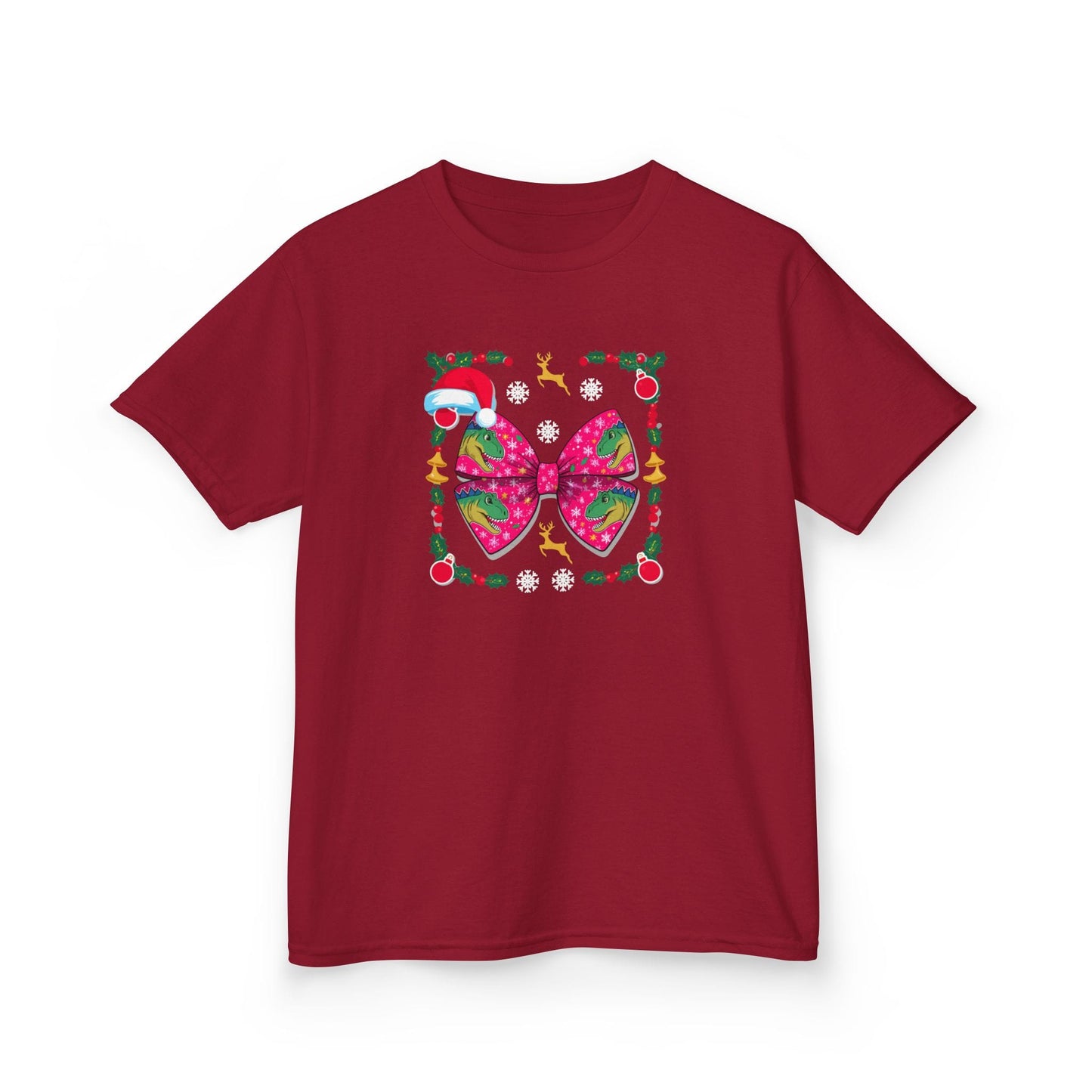 Christmas Dino Bow Kids T-Shirt Cardinal Red / XS gift_idea unique_gift personalised_gift