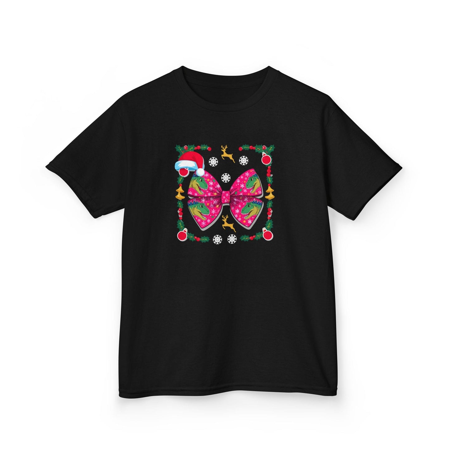 Christmas Dino Bow Kids T-Shirt Black / XS gift_idea unique_gift personalised_gift