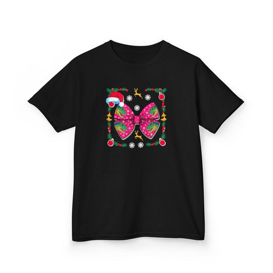 Christmas Dino Bow Kids T-Shirt Black / XS gift_idea unique_gift personalised_gift
