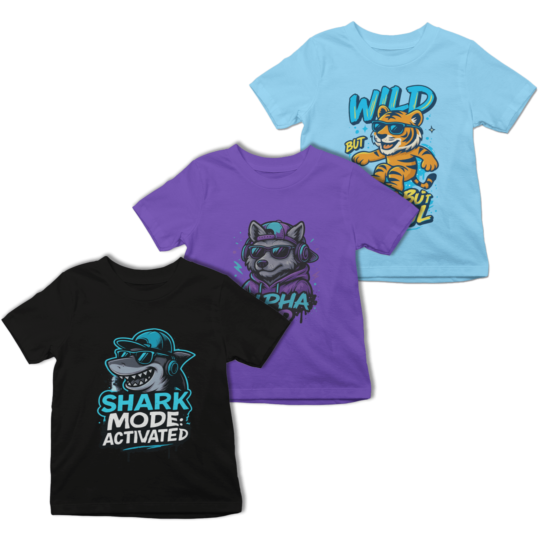 Cool Animal Kids T-Shirt Set (3 Pack) | Shark, Tiger & Wolf Graphic Tees 3-4 years / Set of 3 gift_idea unique_gift personalised_gift