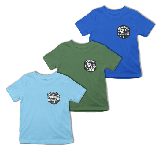 Cool Kids T-Shirt Set (3 Pack) | Rule Breaker, Trouble & Certified Cool 3-4 years / Set of 3 gift_idea unique_gift personalised_gift