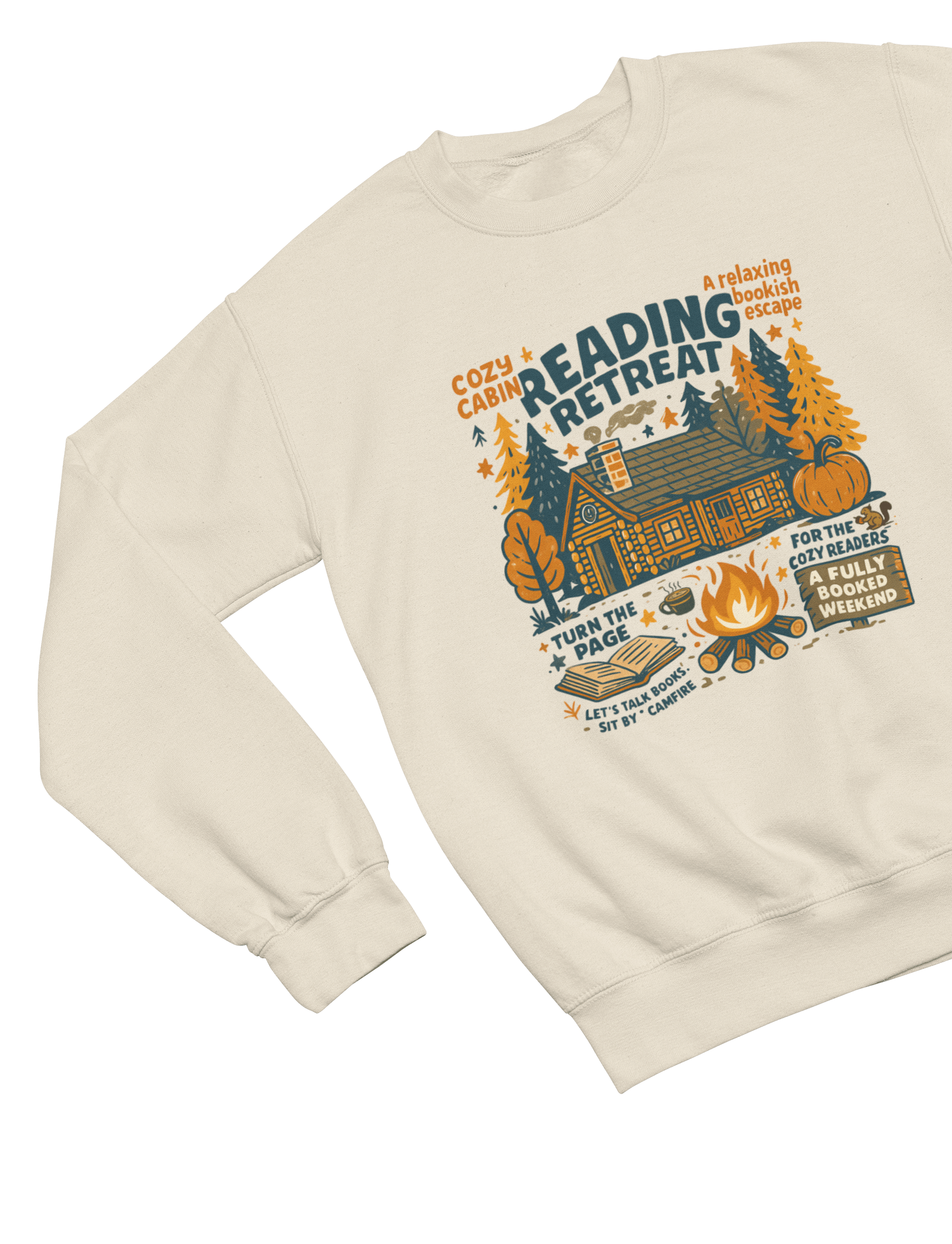 Cozy Cabin Reading Retreat Sweatshirt | Autumn Bookish Jumper Sweatshirt / S (Adult) / Beige gift_idea unique_gift personalised_gift