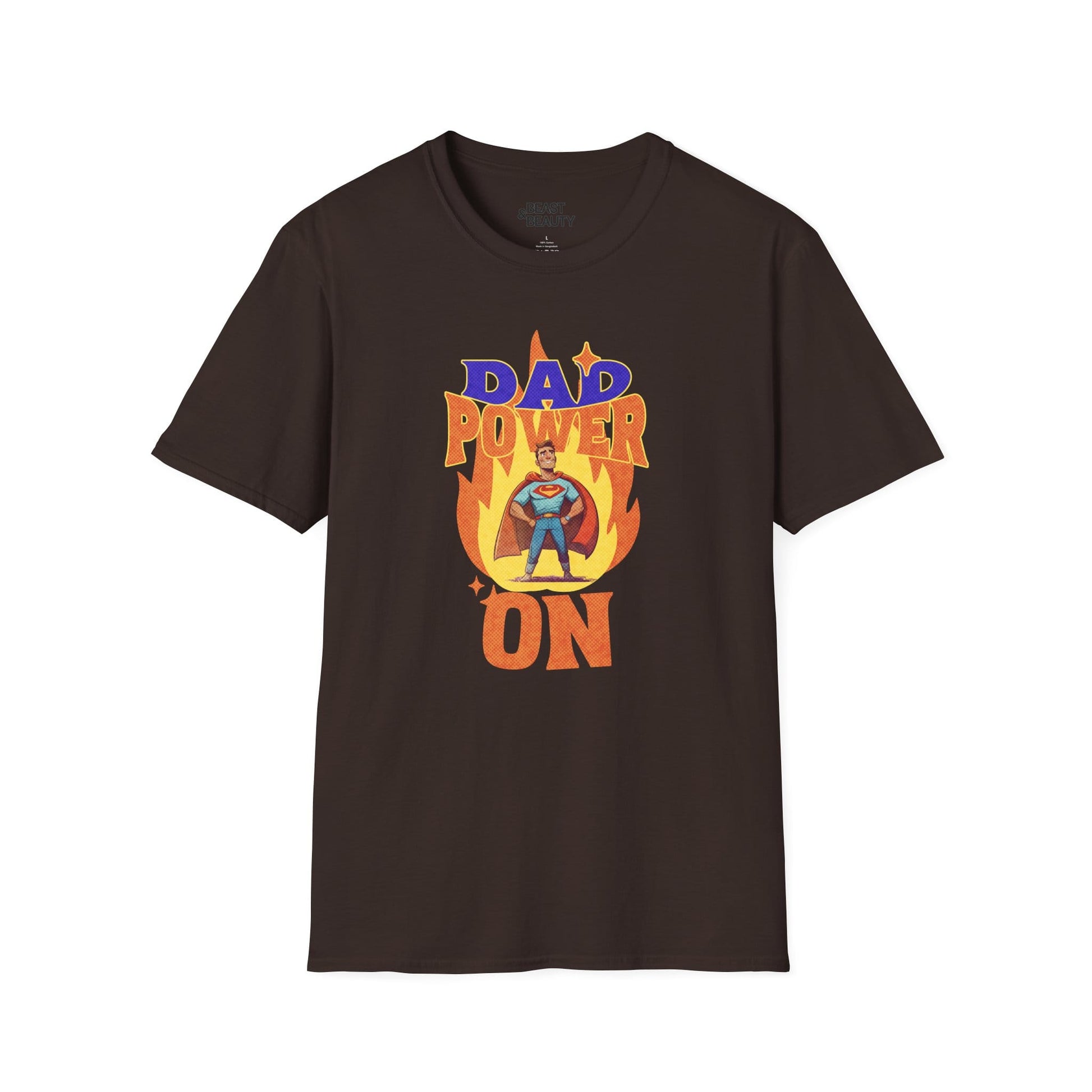 dad power on superhero t-shirt for dads dark chocolate t-shirt uk Father's Day gift idea