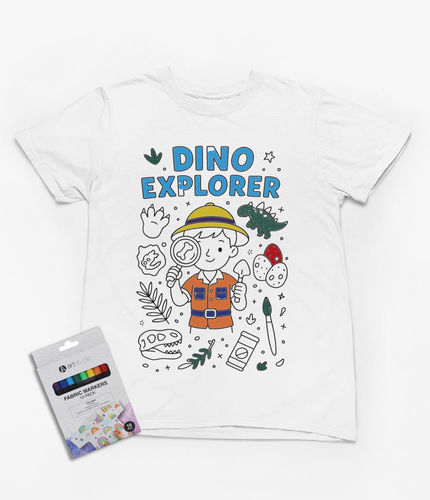 Dino Explorer Colour-In T-Shirt – Creative Fossil Hunter Tee with Markers gift_idea unique_gift personalised_gift